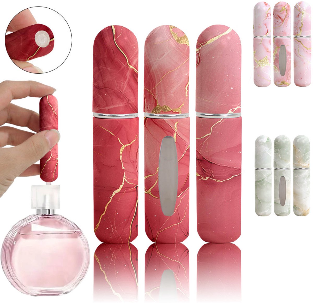 Navulbare parfumflesjes voor op reis – Draagbare miniverstuiver, lege parfumflesjes met unieke patronen, navulpomphouder voor op reis en onderweg, verpakking van 3 stuks van 5 ml (Roze + Rood + Groen)