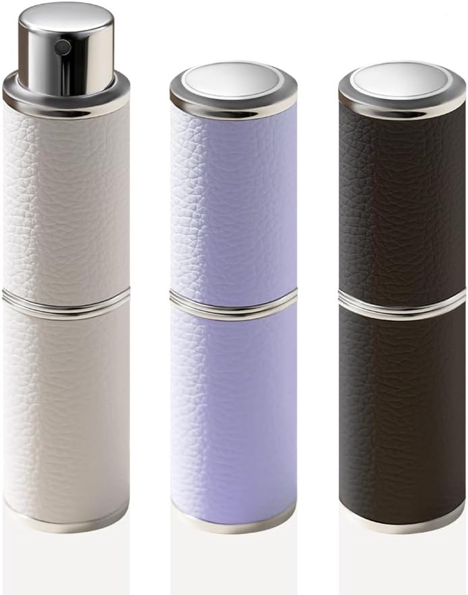 Parfumverstuiver, draaibare sproeikop, doploos, navulbare spuitfles van leer, hoogwaardige draagbare dispenser, 0,27 oz/8 ml (wit, paars, zwart)
