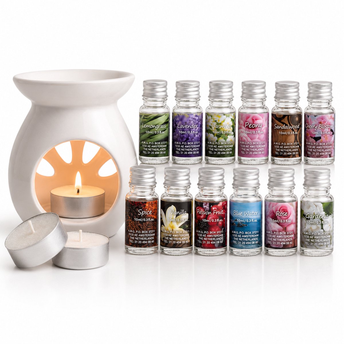 EasyMart Geurset met 12 Geuroliën – Keramische Aroma Diffuser & Oliebrander – Inclusief 2 Waxinelichtjes – Wellness Huisparfum Cadeauset voor Woonkamer, Badkamer, Slaapkamer & Spa