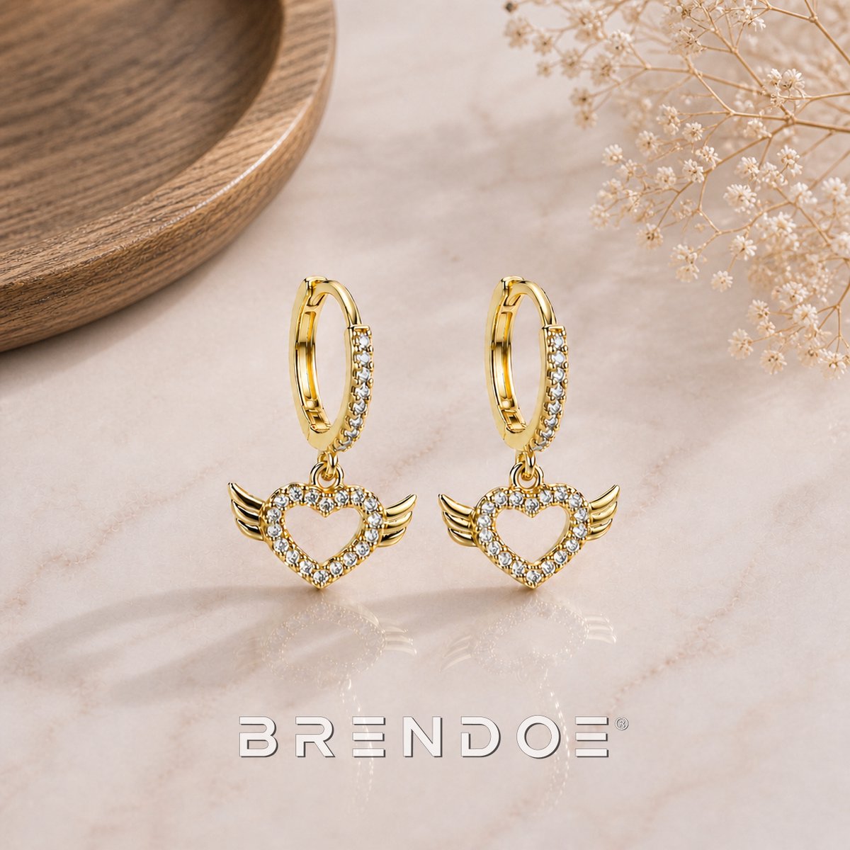 Brendoe Hart Hangoorbellen met Vleugels Dames – Goudkleurige Oorbellen met Zirkonia – Elegante Oorringen