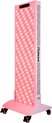 Staand rood lichttherapiepaneel op wieltjes, met roze gloed van de LED's.