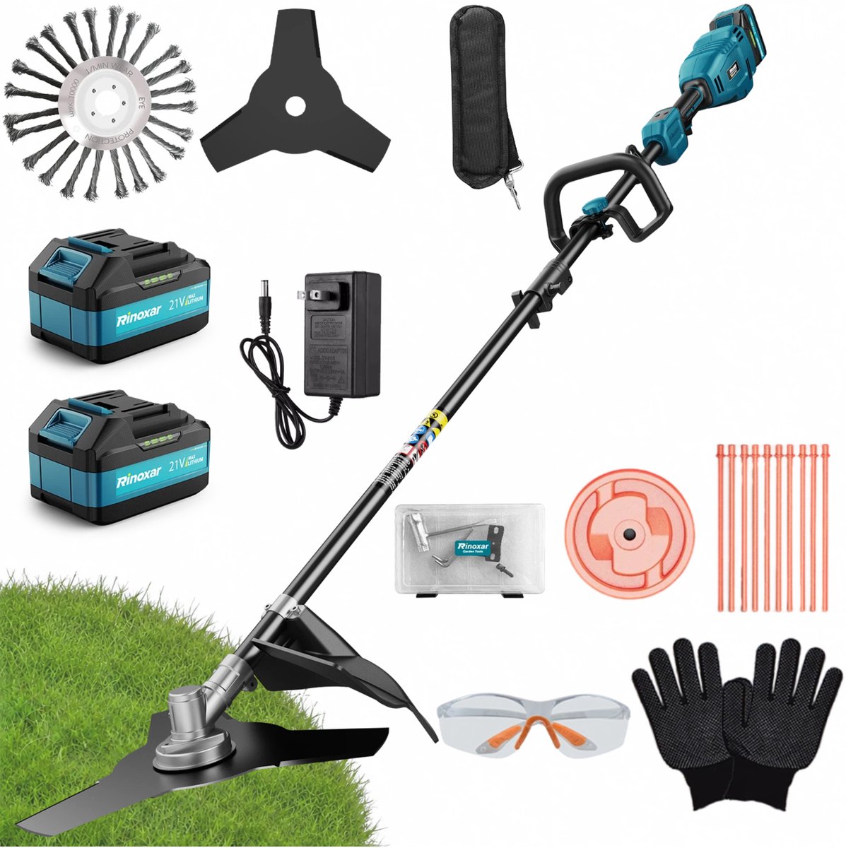 Accu grastrimmer met 12000 tpm, accu-bosmaaier met 2 accu’s van 5200 mAh, snijbreedte 26 cm, borstelloze motor aan de voorkant, veiligheidsbescherming, 3 soorten messen voor tuin en erf