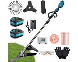 Accu grastrimmer met 12000 tpm, accu-bosmaaier met 2 accu’s van 5200 mAh, snijbreedte 26 cm, borstelloze motor aan de voorkant, veiligheidsbescherming, 3 soorten messen voor tuin en erf