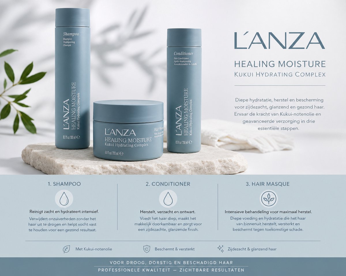L'Anza - Healing Moisture Set - Tamanu Cream Shampoo + Kukui Nut Conditioner + Moi Moi Hair Mask + Ontwarborstel - Droog Haar Pakket