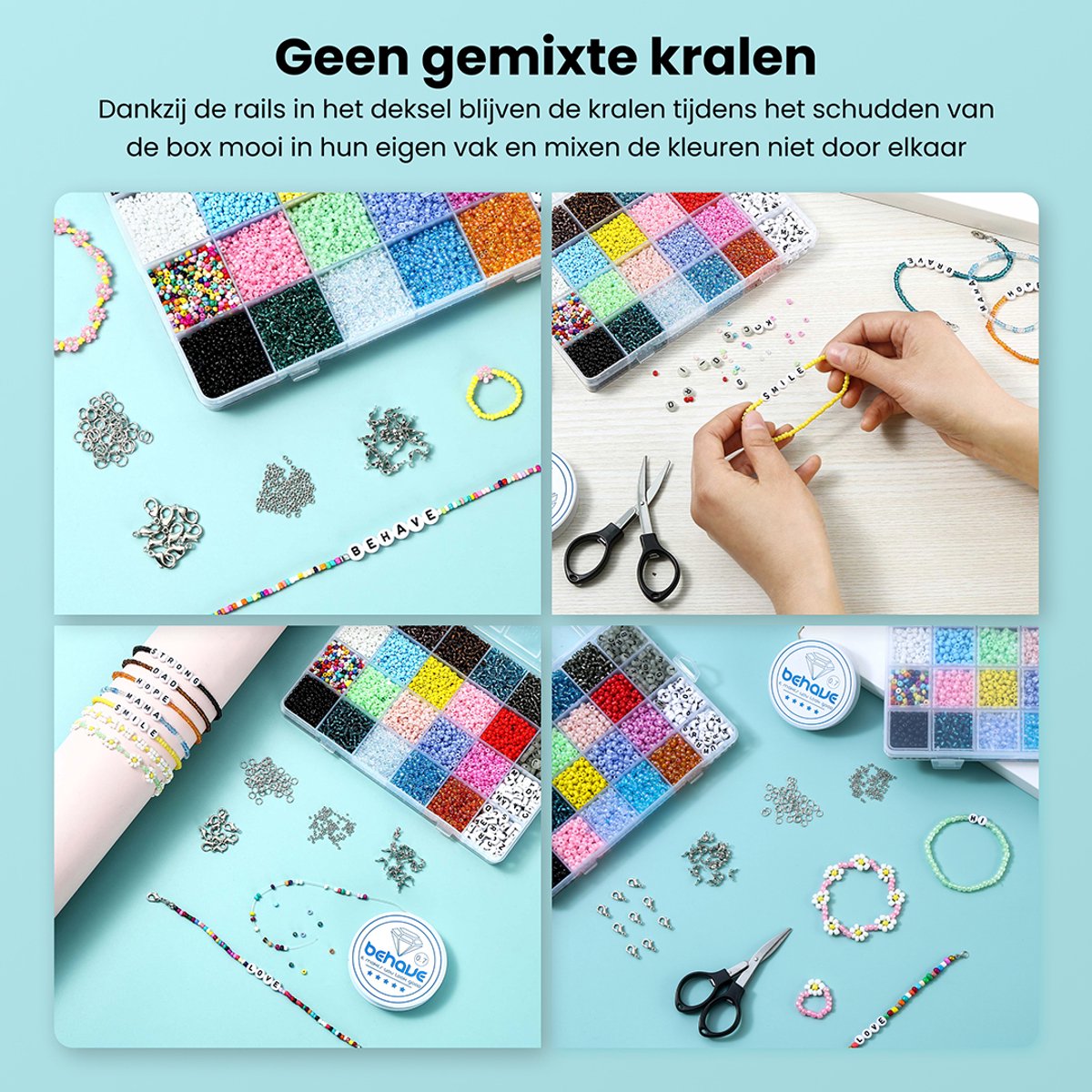 Behave Glaskralen & Klei Set Deluxe — 10.753 Kralen — Glaskralen 3 mm + Polymeer Klei 10 mm + Letterkralen + Rijgdraad — afbeelding 11