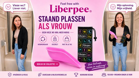 Roze vrouwelijke plasgoot met een vrouw op de achtergrond die er vies uitziet, en een andere vrouw die er blij uitziet en het vasthoudt.