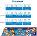Maattabel voor Paw Patrol schoenen met afbeeldingen van Chase, Marshall, Skye en Everest.