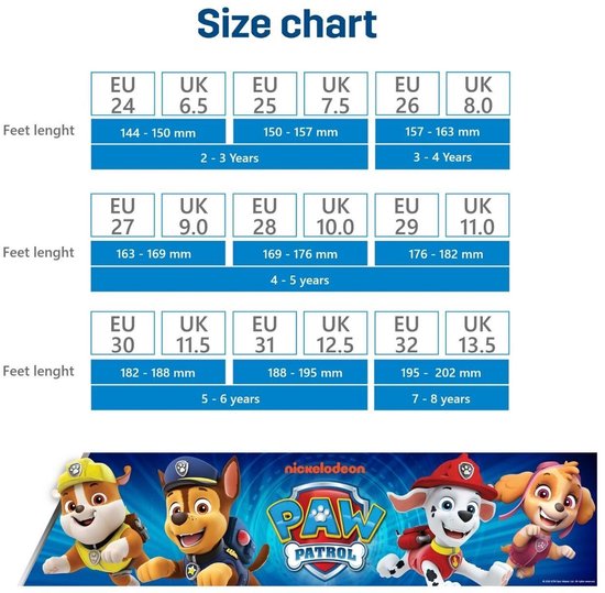 Maattabel voor Paw Patrol schoenen met afbeeldingen van Chase, Marshall, Skye en Everest.