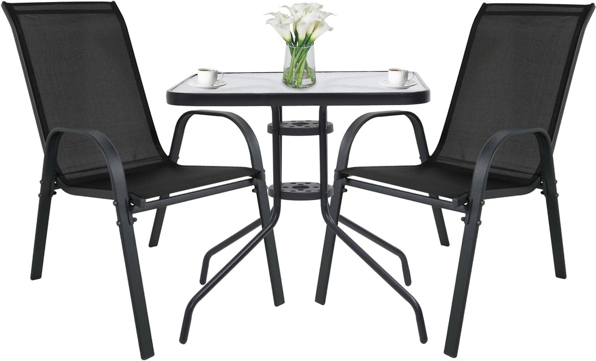 Tuinset ISLAND vierkante tafel 60 cm + 2x SOFIA stoelen – zwart – balkon & terras