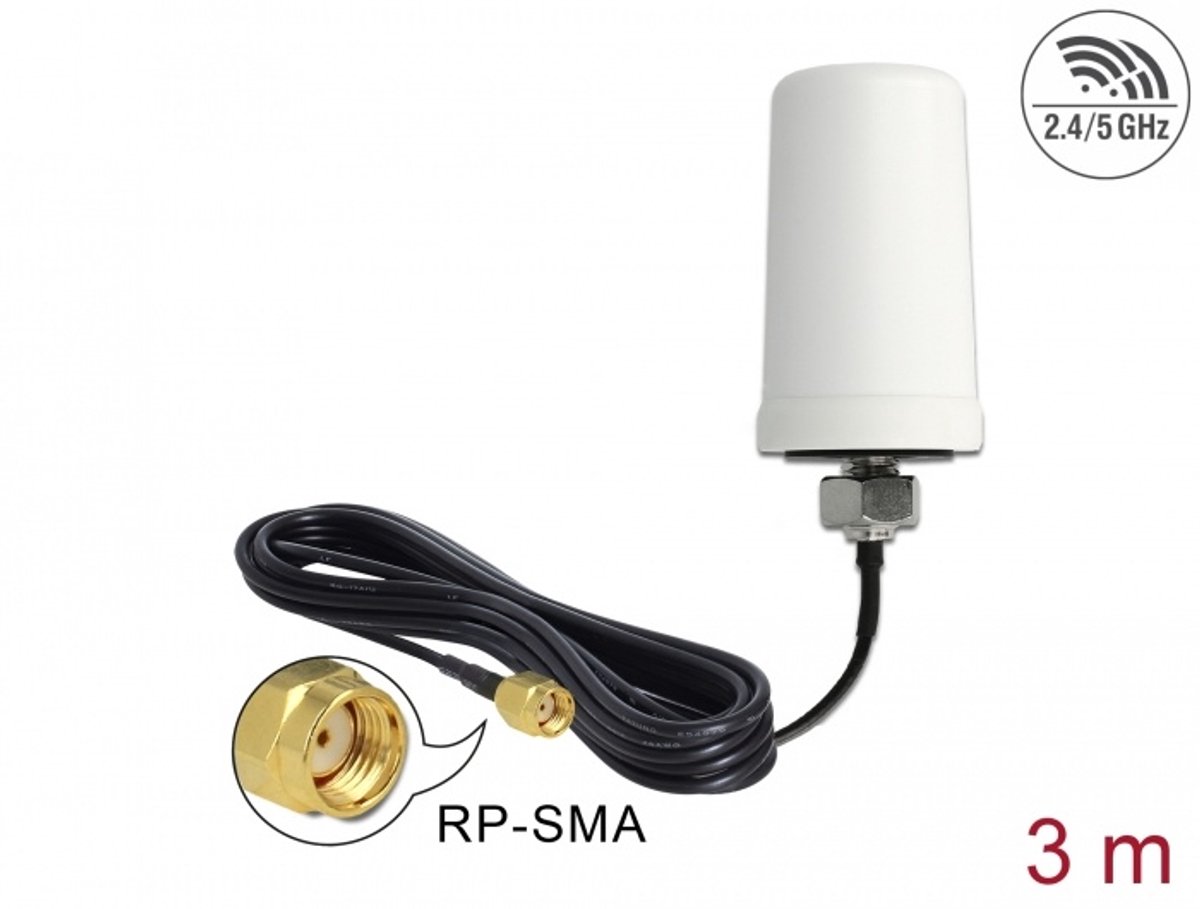 WLAN-antenne RP-SMA 802.11 AC/A/H/B/G/N 0 DBI 3 M ULA100 Omnidirectionele witte buiten