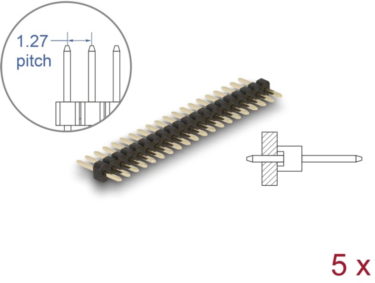 Delock Pin header 20 pin, pitch 1.27 mm, 1-row, straight, 5 pieces