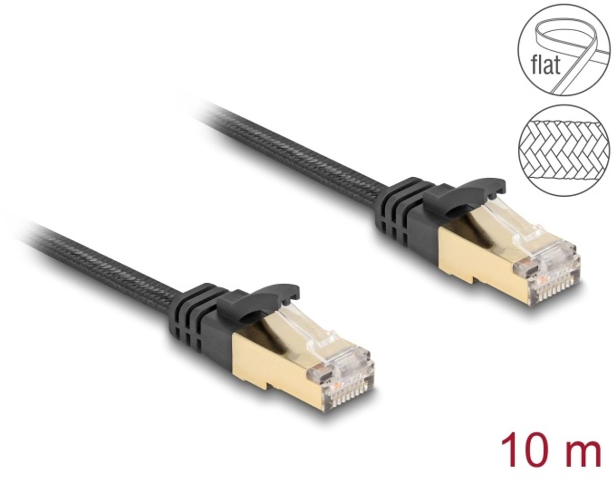 Delock RJ45 Flat Network Cable with braided jacket Cat.6A U/FTP plug to plug 10 m black