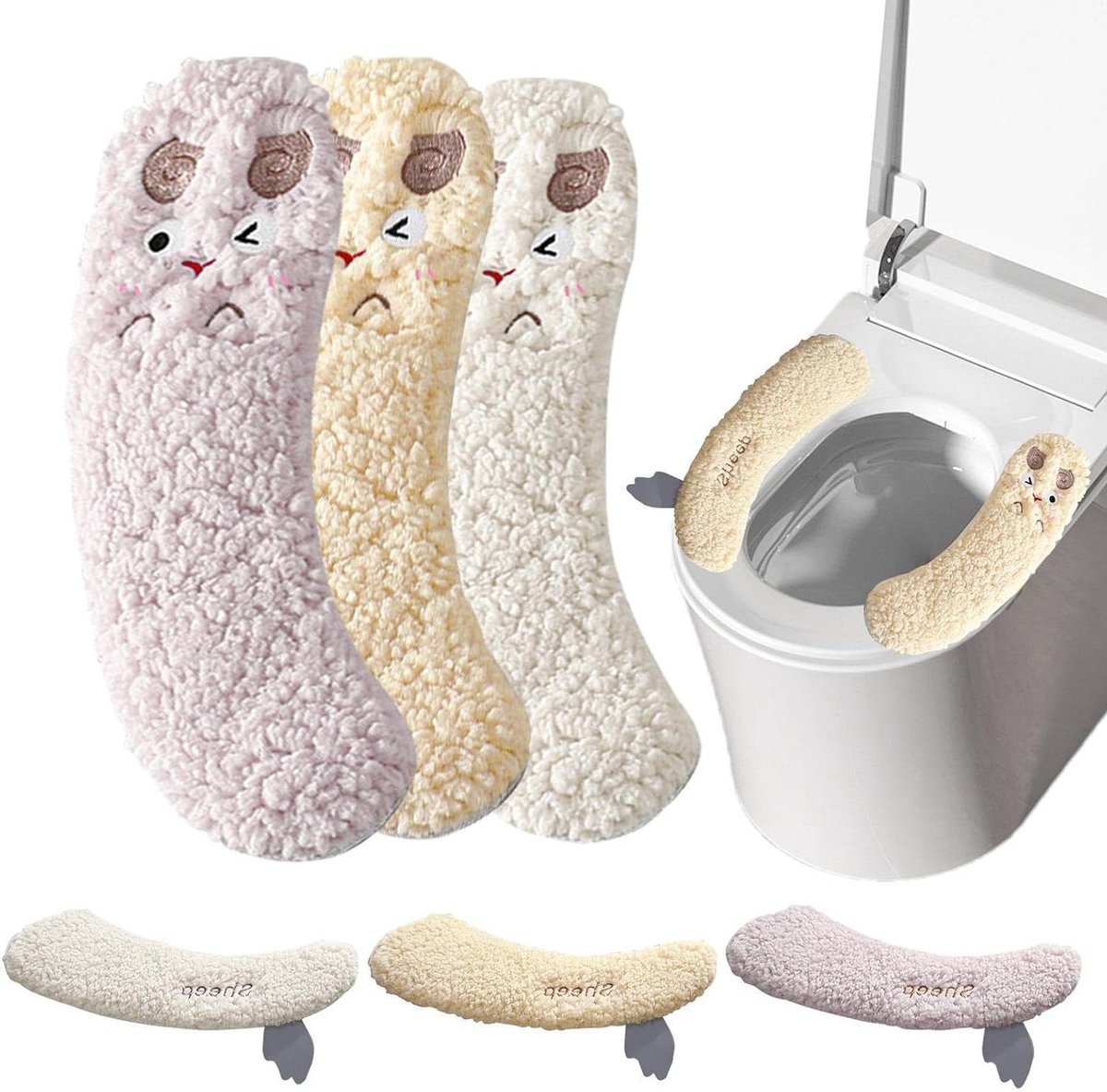Toiletzittinghoes - Zachte toiletring - Badkamercomfort verhogen - Schattig lammetjesmotief - 34.5 x 12.5 cm - Wit