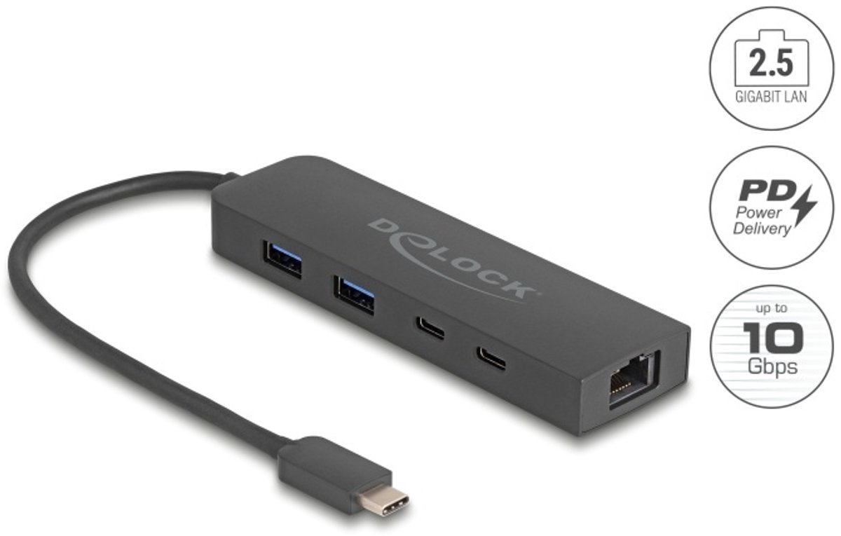 Delock 10 Gbps USB Hub with 2.5 Gigabit LAN port and PD 85 Watt