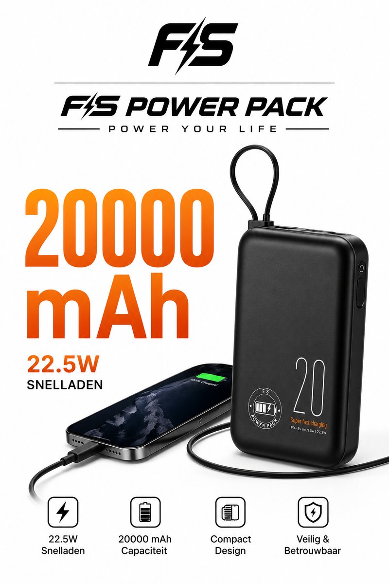 Compact Design Powerbank 20000 mAh – 22.5W Snelladen –FS Power Pack Powerbank–22.5W Snelladen – Met Kabel – USB-C / Type-C – LED Display – Externe Oplader – Zwart– 22.5W Snelladen – Geschikt voor iPhone & Android– LED Display – Type-C & USB – Zwart