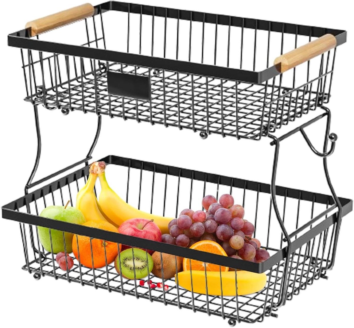 Fruitmand Keuken - Opbergrek - Orde Houden - Met Houten Handvat - 38x25x9.6 cm - Zwart