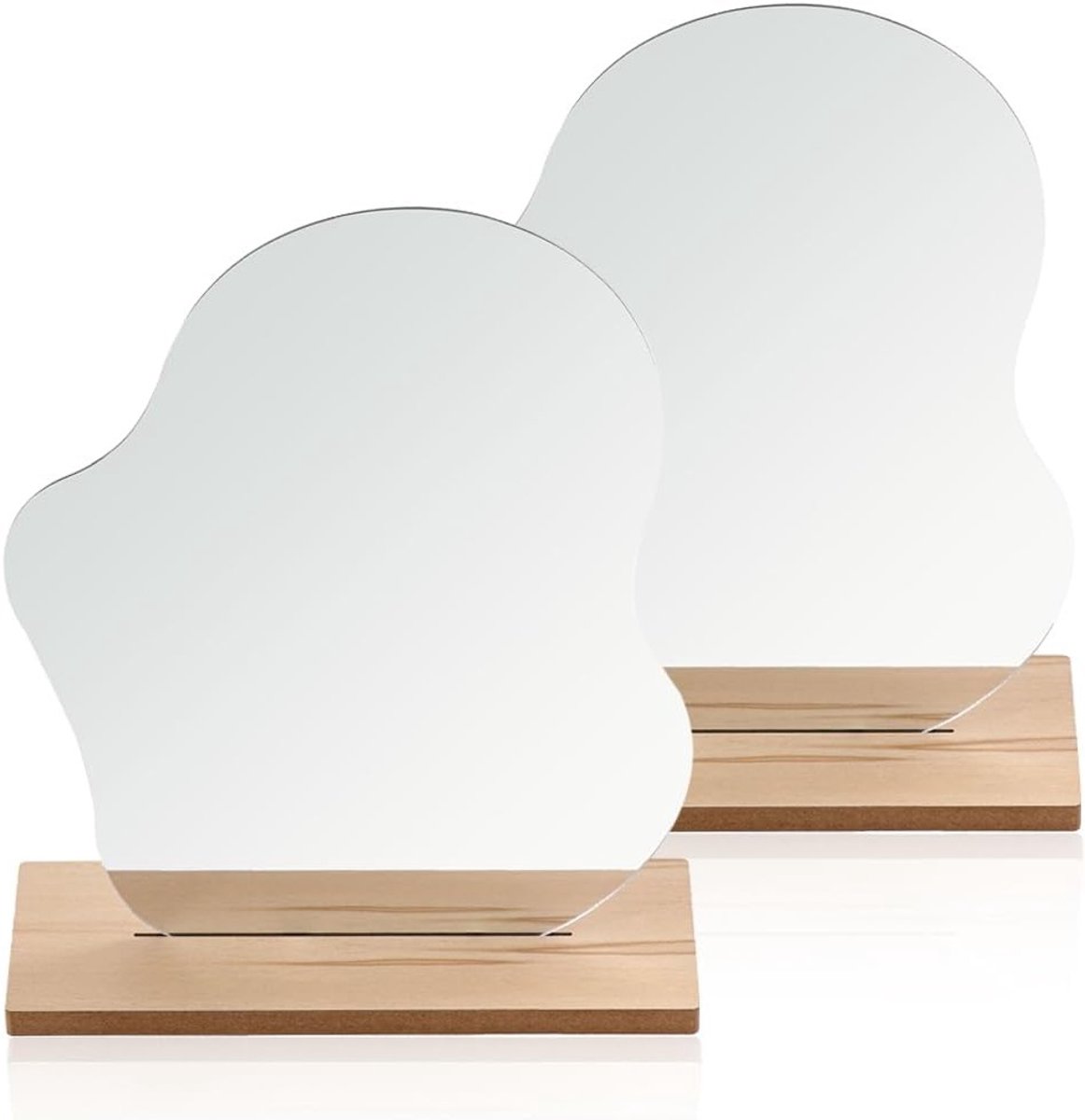 Set van 2 Cosmetische Spiegels met Houten Basis, Frameloos en Irregulair Ontwerp voor Slaapkamer, Woonkamer en Hoteldecoratie