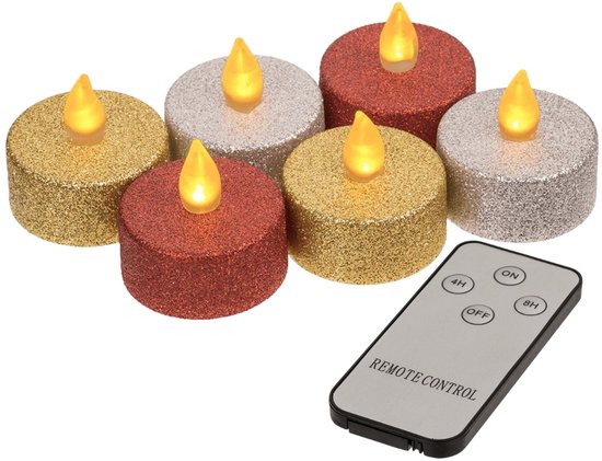 Zes LED theelichtjes met afstandsbediening. Theelichtjes in rood, zilver en goud glitter met vlamvormige lampjes.