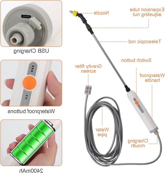 Solidchoice - Elektrische sproeistaaf, 3,7 V, elektrische plantensproeier, 4 nevelsproeiers en 5 m slang, 2 standen en oplaadbare USB, accu-drukspuit voor tuin, terras, gazon en onkruid van Solidchoice — afbeelding 2