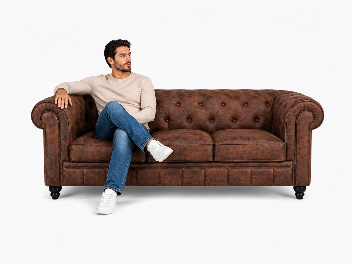 Bank Chesterfield - 3 Zits - Bruin Vintage - Sofa - Bankstel