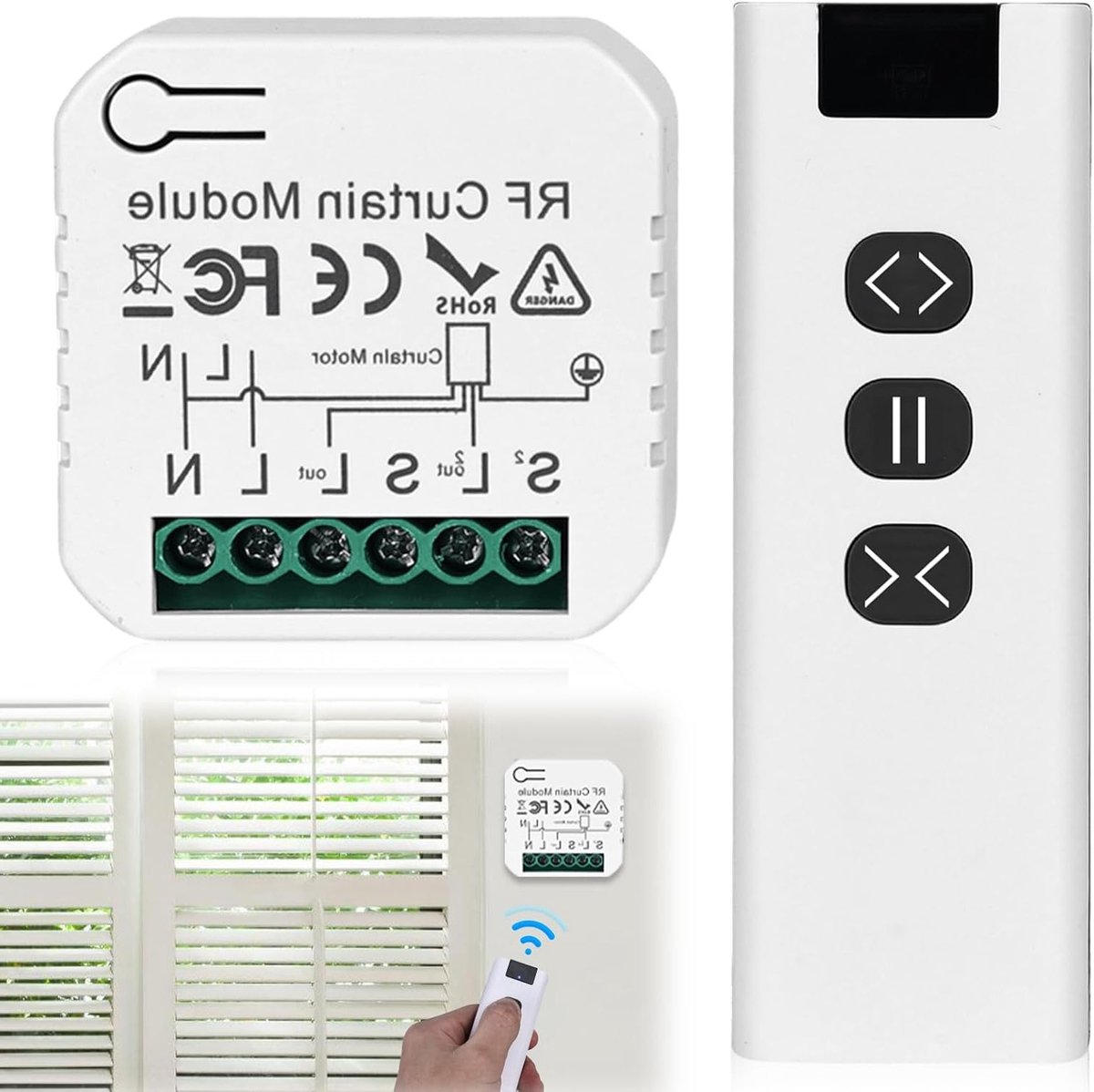 Draadloze Shutter Controle Retrofit Set voor Rolgordijnen, Jaloezieën en Markiezen met RF Afstandsbediening en Slimme Schakelaar, 230V Module