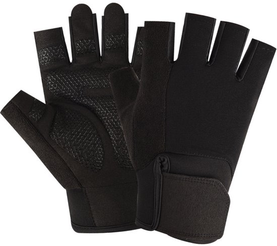 Unisex fitnesshandschoenen | Vingerloos, antislip, ademend, met polssteun en -bescherming, geschikt voor gewichtheffen, fietsen, roeien, hardlopen en fitnesstraining, Zwart,L