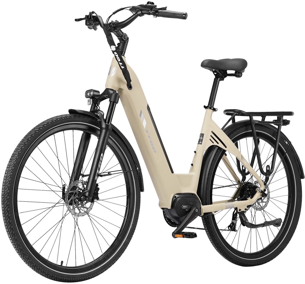 Elektrische Stadsfiets TTGO C7 SE - 28 INCH Banden - 250W Bafang Middenmotor - 36V18Ah Accu - Bereik tot 140km - Shimano 9 Versnellingen - Beige
