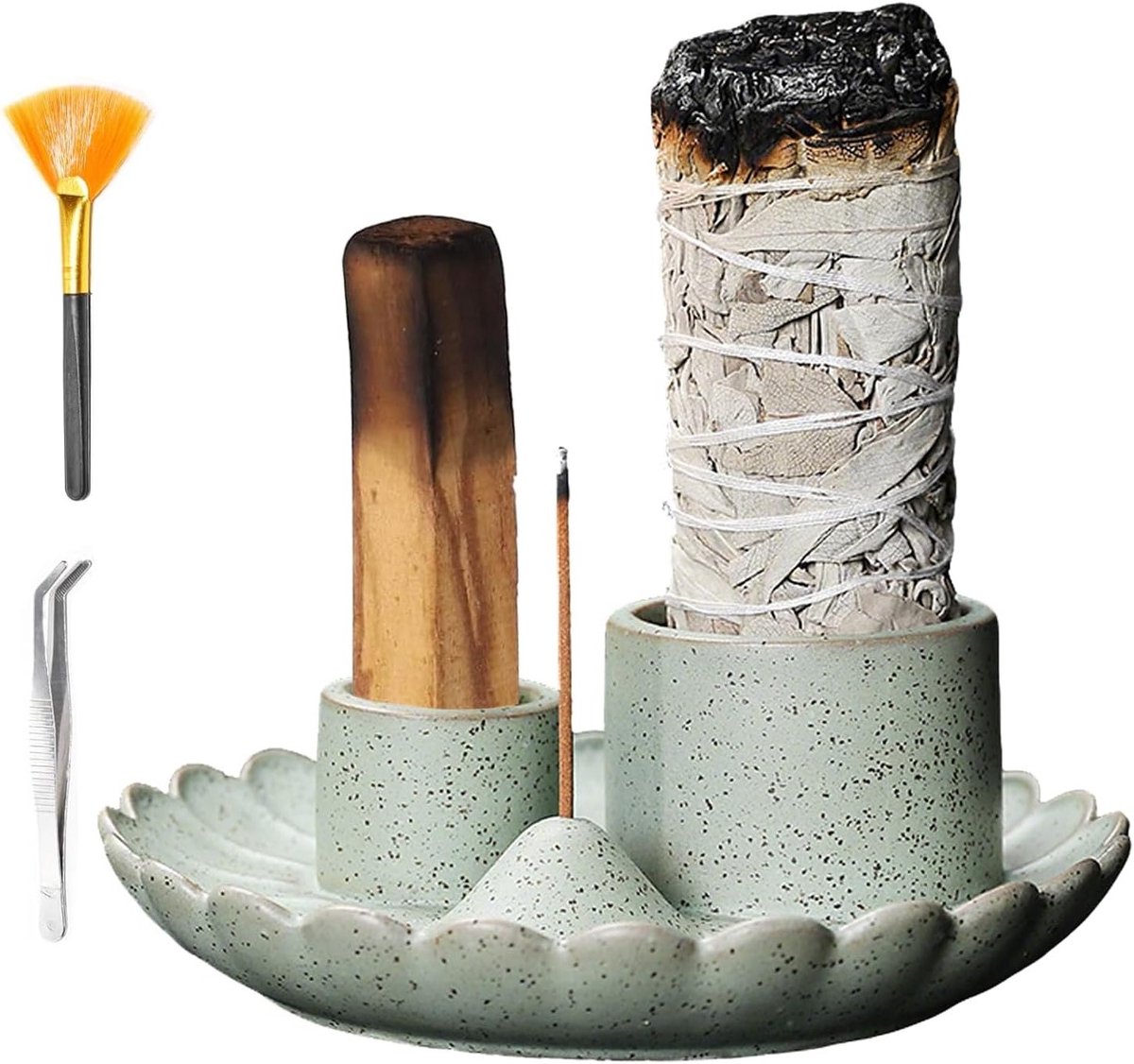Handgemaakte 4-in-1 Wierookkom voor Palo Santo en Witte Salie - Keramische Asvanger voor Meditatie en Yoga, Ideaal voor Ontspanning en Aromatherapie