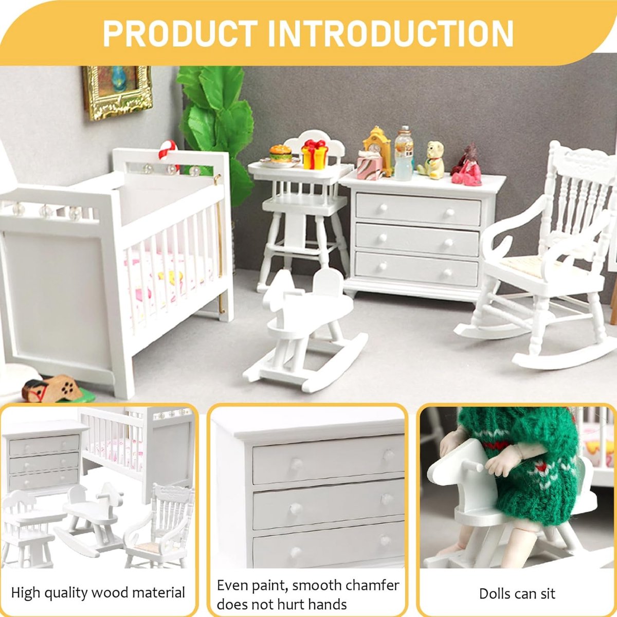 Poppenhuis Meubelset - Miniatuur Meubels - Babykamer Inrichten - Hoogwaardige Houten Constructie - 1:12 Schaal - Wit – foto 2