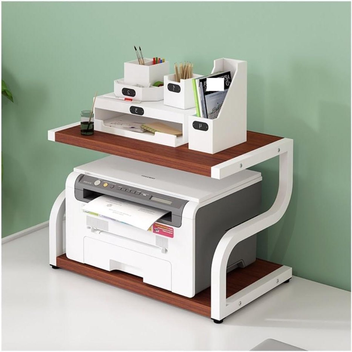 Printerrek Bureau - Opbergplank - Kantoor Organiseren - Dubbele Opslaglaag - 50 x 32 x 37 cm - F