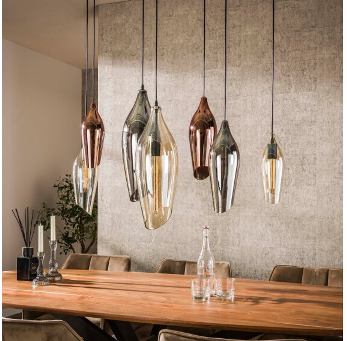 Hanglamp Cocoon 7 Lampen met Mix Glass Eetkamer - Amberkleurig Rook en Chroom Glas - Cocoon Glass - Woonkamer - Eettafel - Slaapkamer - Sfeer Verlichting - In Hoogte Verstelbaar tot 150 cm - 4+3 Lampen