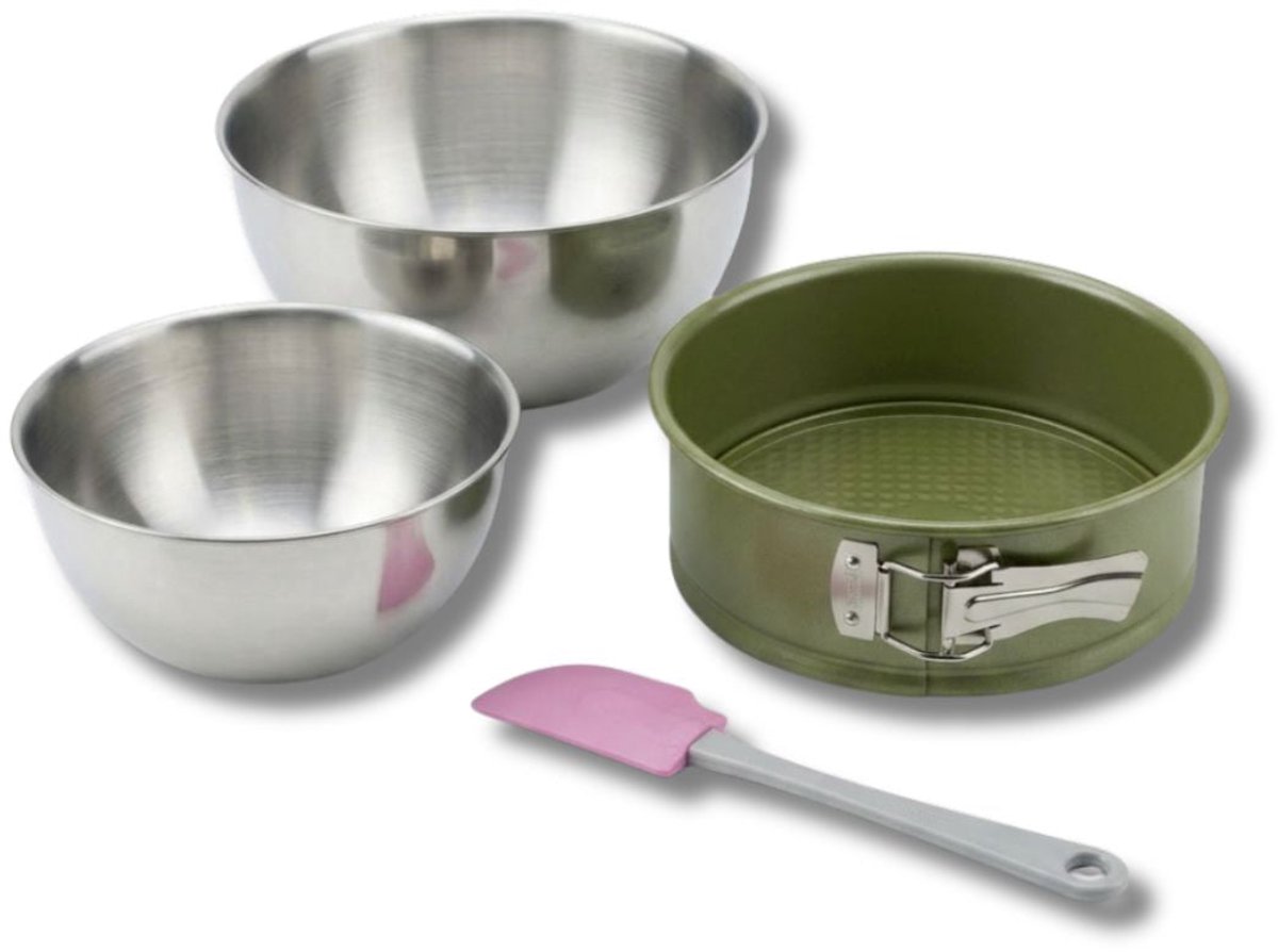 Set met 1 springvorm van 20 cm, 1 spatel Zenker en 2 mengkommen van roestvrij staal Fackelmann