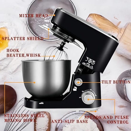XS-004 Standmixer, 5 liter roestvrijstalen kom, menger met kantelbare kop, universele keukenmachine met 6 snelheden, met 4 accessoires van Traumheim — afbeelding 2