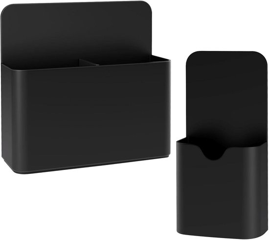 Twee zwarte magnetische opbergers, een met een verdeler, voor whiteboard-accessoires.