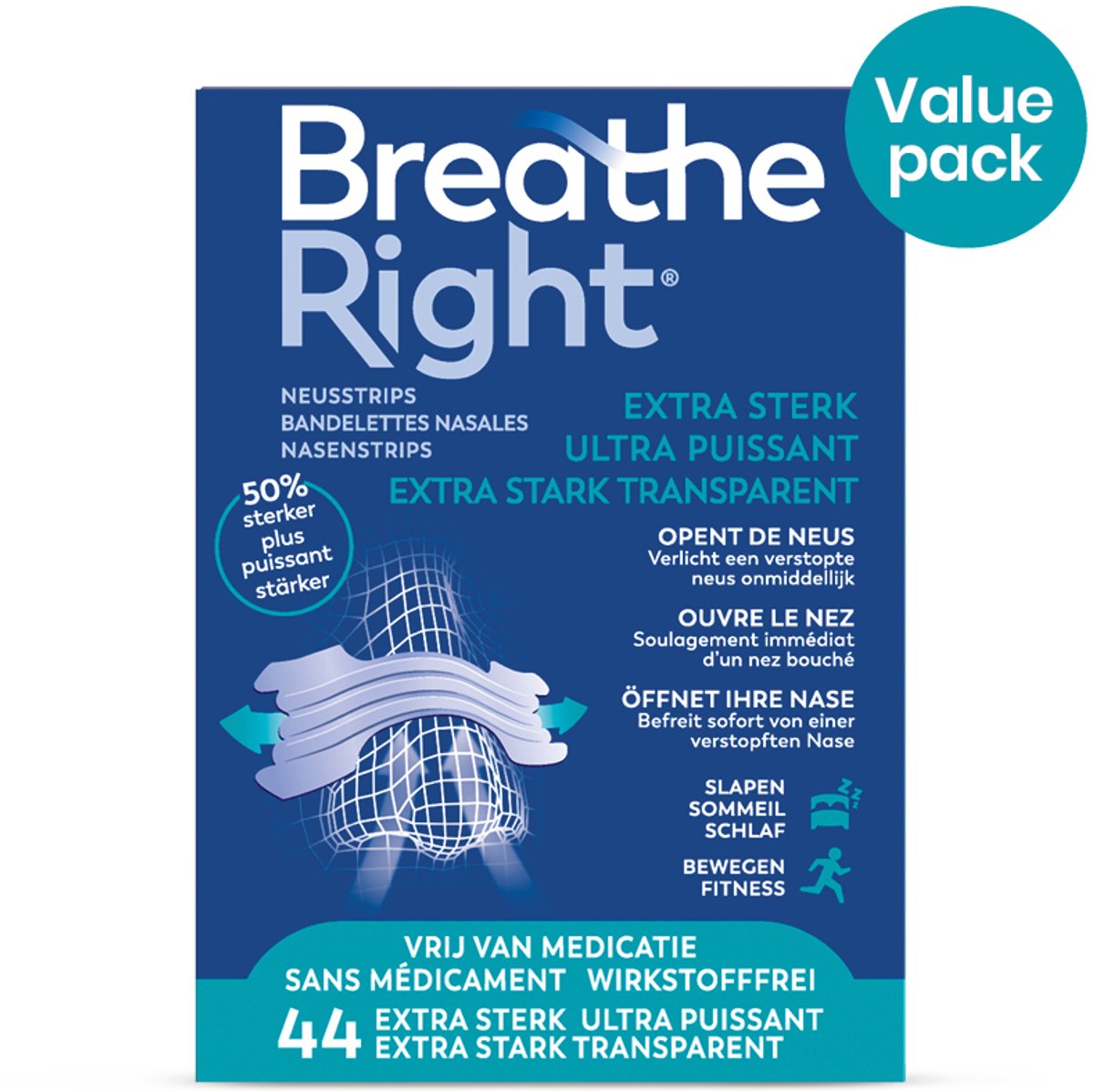 Breathe Right Neusstrips Extra Sterk Voordeelverpakking – Gevoelige Huid - Transparant 44 stuks – One Size – Tegen Snurken & Verstopte Neus – 50% Sterkere Werking - Huidvriendelijk, Langdurig Gebruik & Beste Prijs per Strip