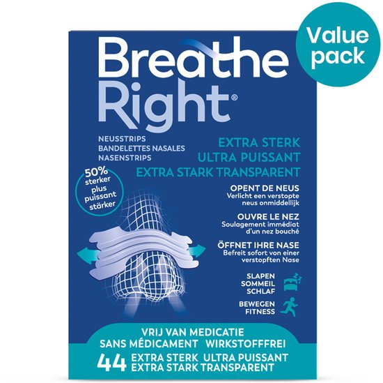 Breathe Right Neusstrips Extra Sterk Voordeelverpakking – Gevoelige Huid - Transparant 44 stuks – One Size – Tegen Snurken & Verstopte Neus – 50% Sterkere Werking - Huidvriendelijk, Langdurig Gebruik & Beste Prijs per Strip