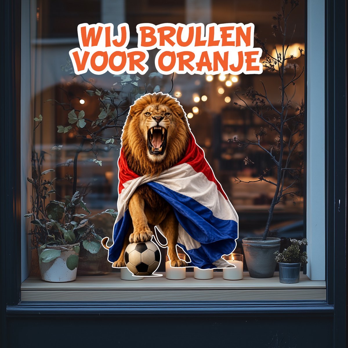 WK Raamsticker- EK Raamsticker-Wij brullen voor oranje- WK versiering-EK Versiering- 62 x 48 cm- achterkant is wit.