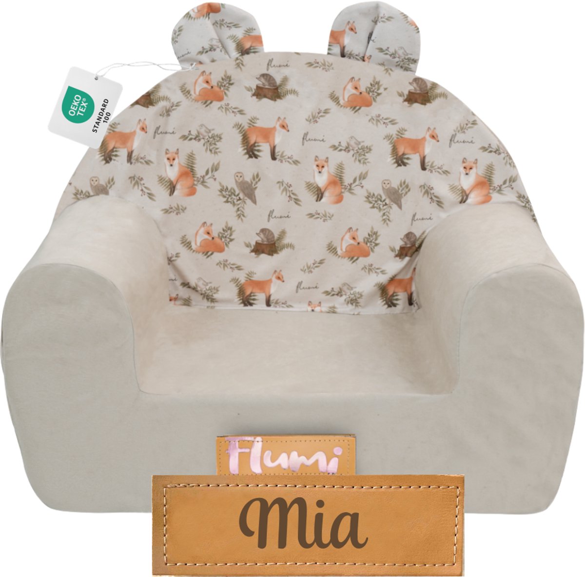 Flumi - Kinderfauteuil van schuim - Kinderstoel lichtgrijs met vosjesprint - Met oortjes - Gepersonaliseerd met naamgravure