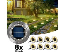 Merkloos 8x LED Warm Solar Grondspot Zilver RVS - Solar Tuinverlichting met 12 LEDs - Led Solar Grondspots - Buitenlamp - IP65 Waterdicht