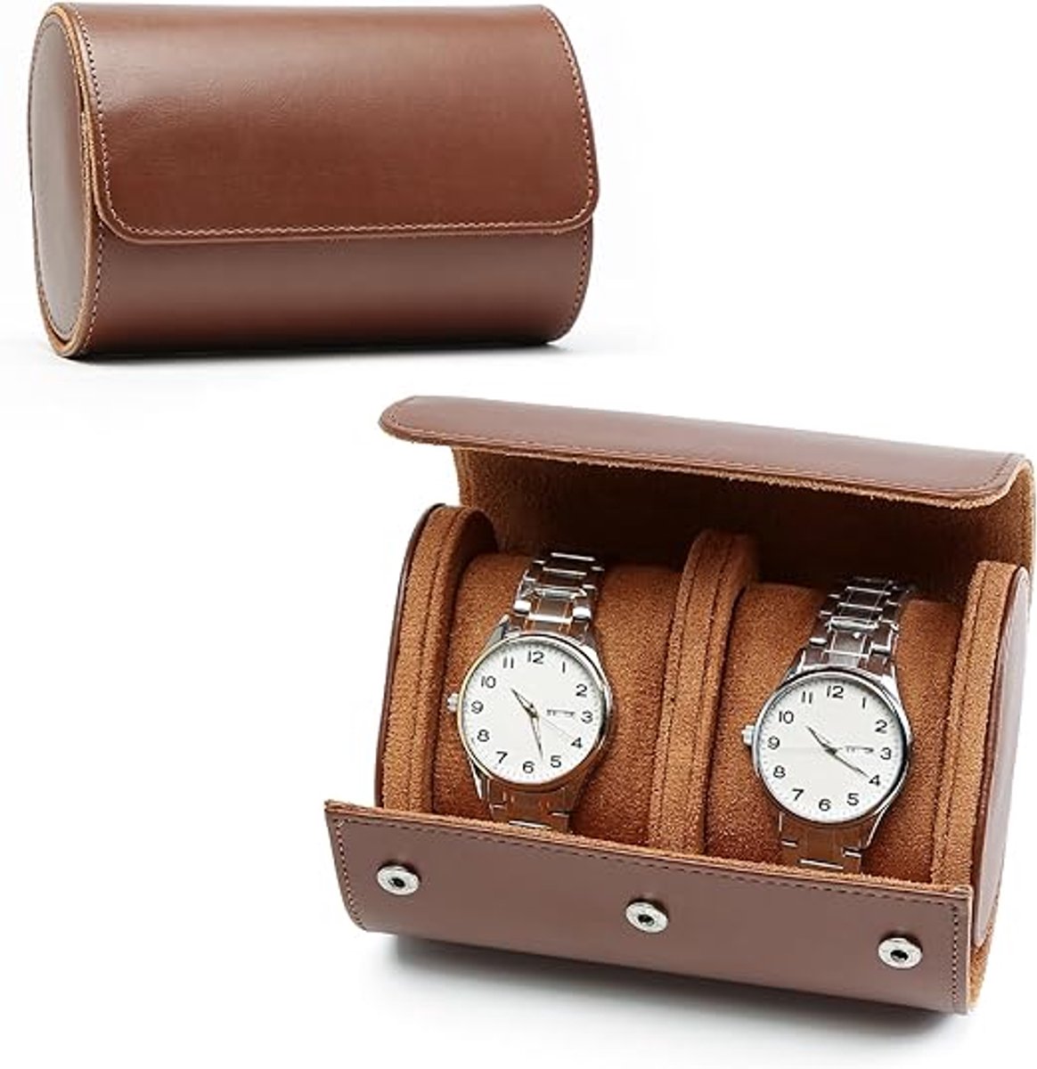 Horloge Etui - Voor 2 Horloge - Horloge Doos - Horloge Opbergdoos - Horlogebox - Horloge Travel Case - Opbergdoosje - Horloge Opbergdoos Heren - Reisaccessoires - Geschikt Voor Dagelijks Gebruik En Reizen - 10×15×7cm - Bruin