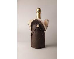 Kywie® champagnekoeler van schapenvacht – wijnkoeler - 100% natuurlijk – 0,75l – temperatuurbehoudend - geschikt voor champagne, wijn, bourgogne, waterflessen - Bruin leer