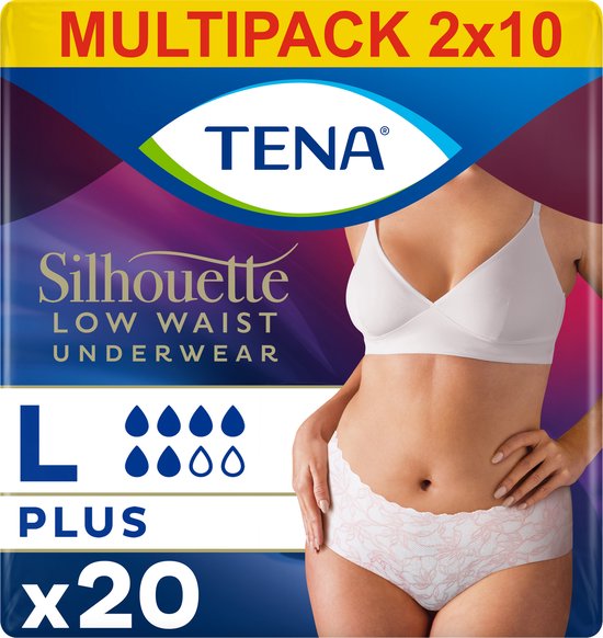 Verpakking van Tena Silhouette Plus Low Waist Underwear, maat L, 20 stuks. Model draagt een lichtroze, kanten broekje.