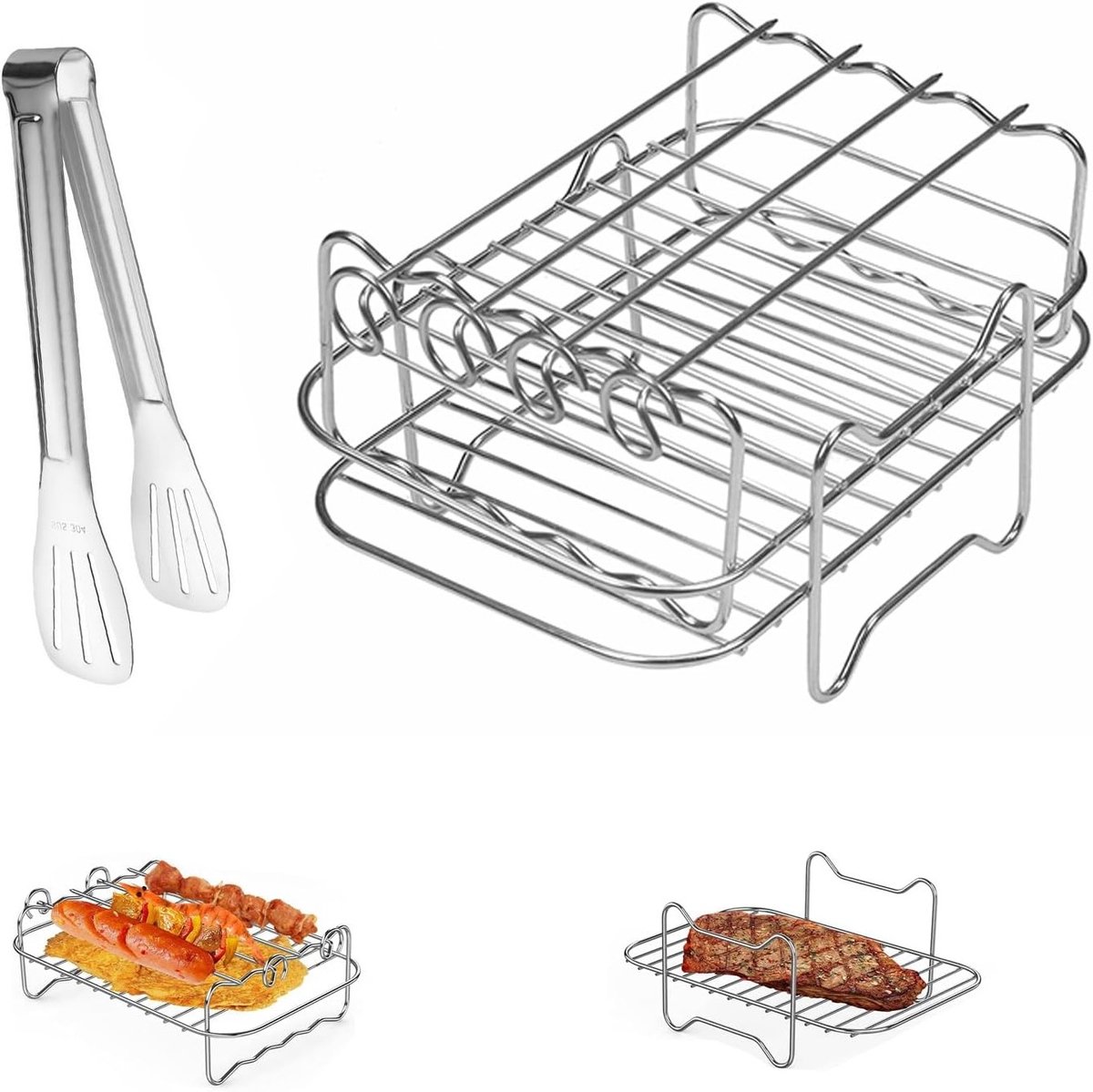 Dubbele Laag Bakplaat met Grillstokken en Voedselclip voor Airfryer, Perfect voor Koken en Bakken