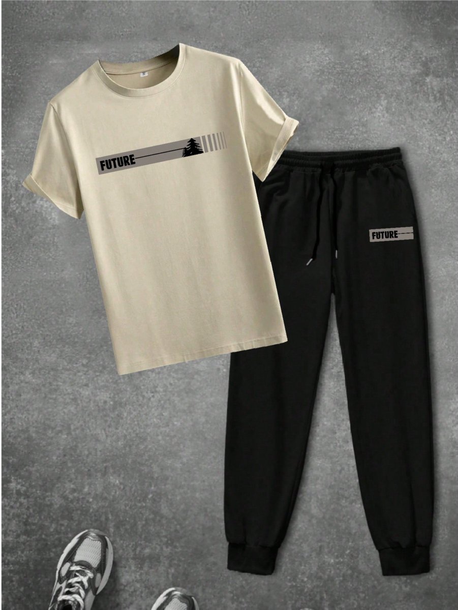 Trendy Comfortabele Toekomst T-shirt en Joggingbroek Set – Stijlvolle Casual Kleding met Unieke Print - Beige Zwart - L-XL