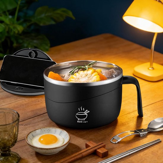 Hittebestendige noedelkom - Soepmok met deksel - Grote maaltijden bereiden - Veilige grip ontwerp - 1200 ml - Zwart — afbeelding 2