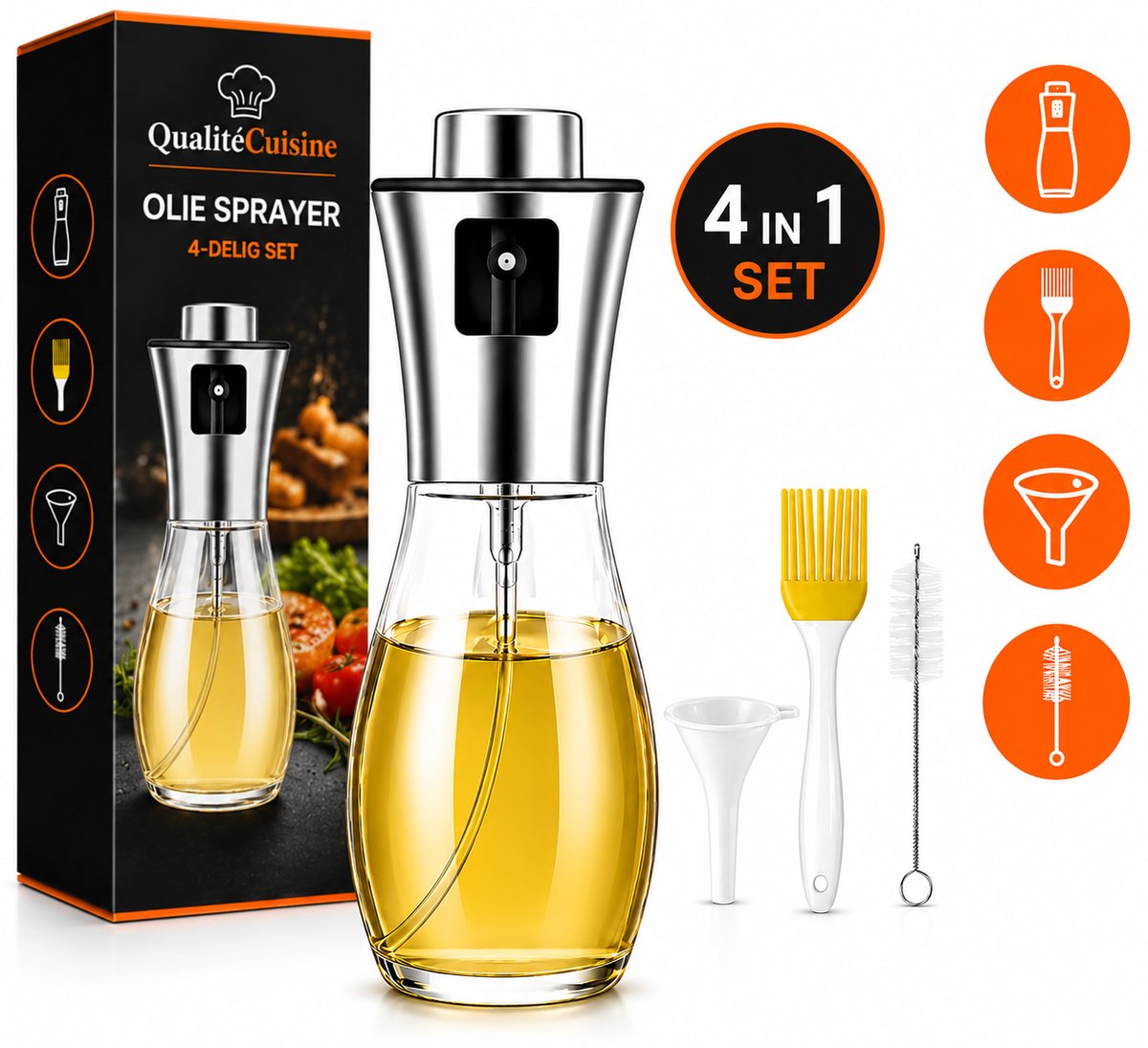 QualitéCuisine® Olie Sprayfles 200ml – Vernieuwde Versie – Olijfolie Sprayer / Olieverstuiver – Olie Dispenser Glas – Airfryer Accessoires – Voor BBQ, Pan & Salade – Incl. Bakkwast en Trechter