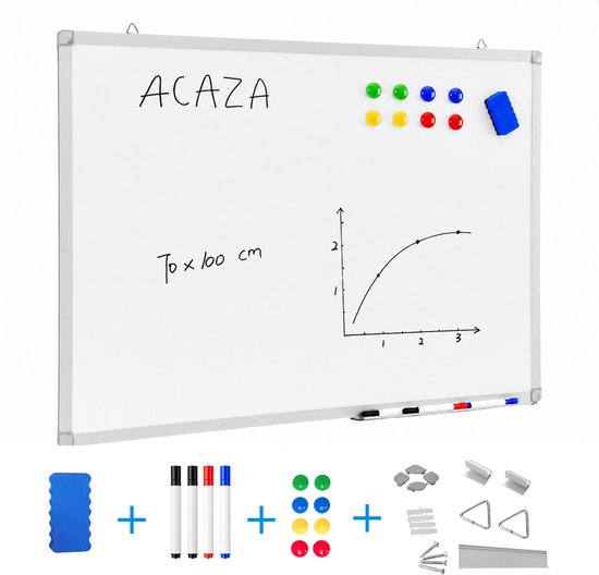 ACAZA Whiteboard - Magnetisch - 70 x 100 cm - Magneetbord - Weekplanner - Inclusief 8 Magneten, 4 Stiften, Wisser en Pennenbakje - Whiteboard Stiften - Weekplanner Whiteboard - Maandplanner - Magneten Whiteboard - Memobord