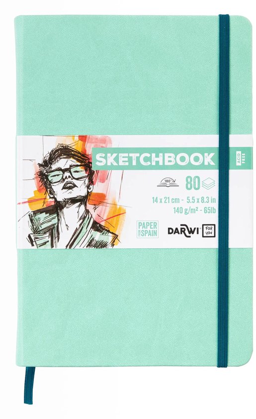 Lichtgroen A5 schetsboek met 'SKETCHBOOK' en een portret van een persoon.