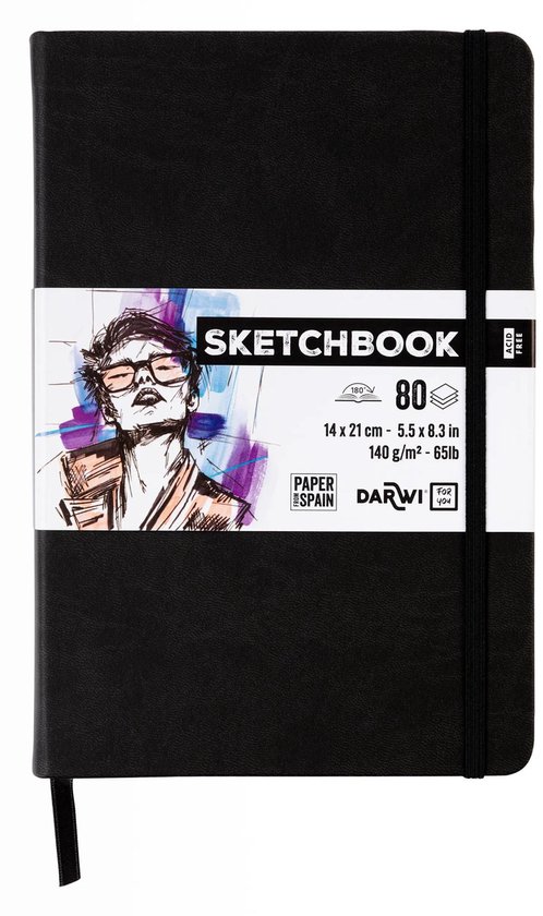 Zwart schetsboek met een papieren band die een tekening van een persoon, 'Sketchbook' en '80 vel' toont.