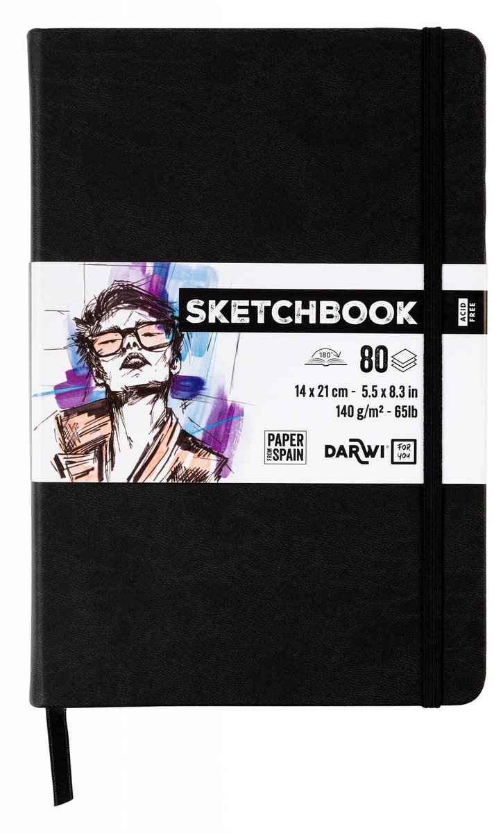 Darwi DFY - Schetsboek - A5 - 14 x 21 cm - 140 g - Zwart - 80 vellen